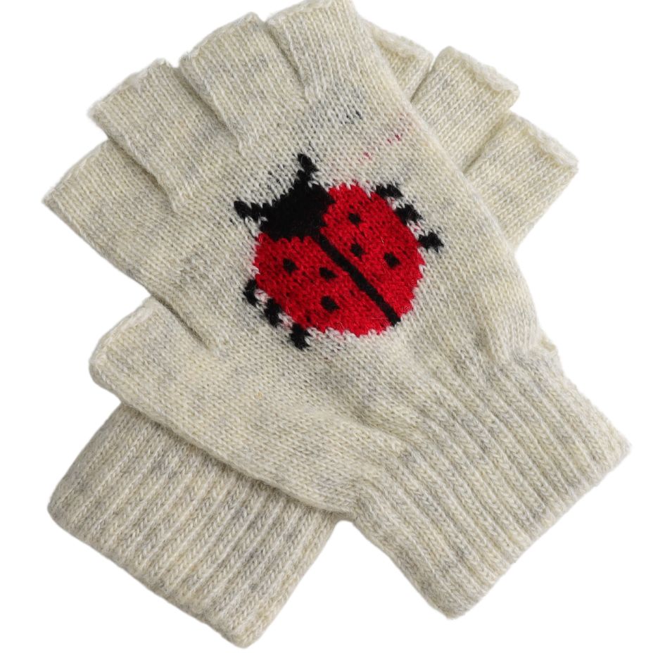 Fingerless Knitted Ladybird Gloves Cream