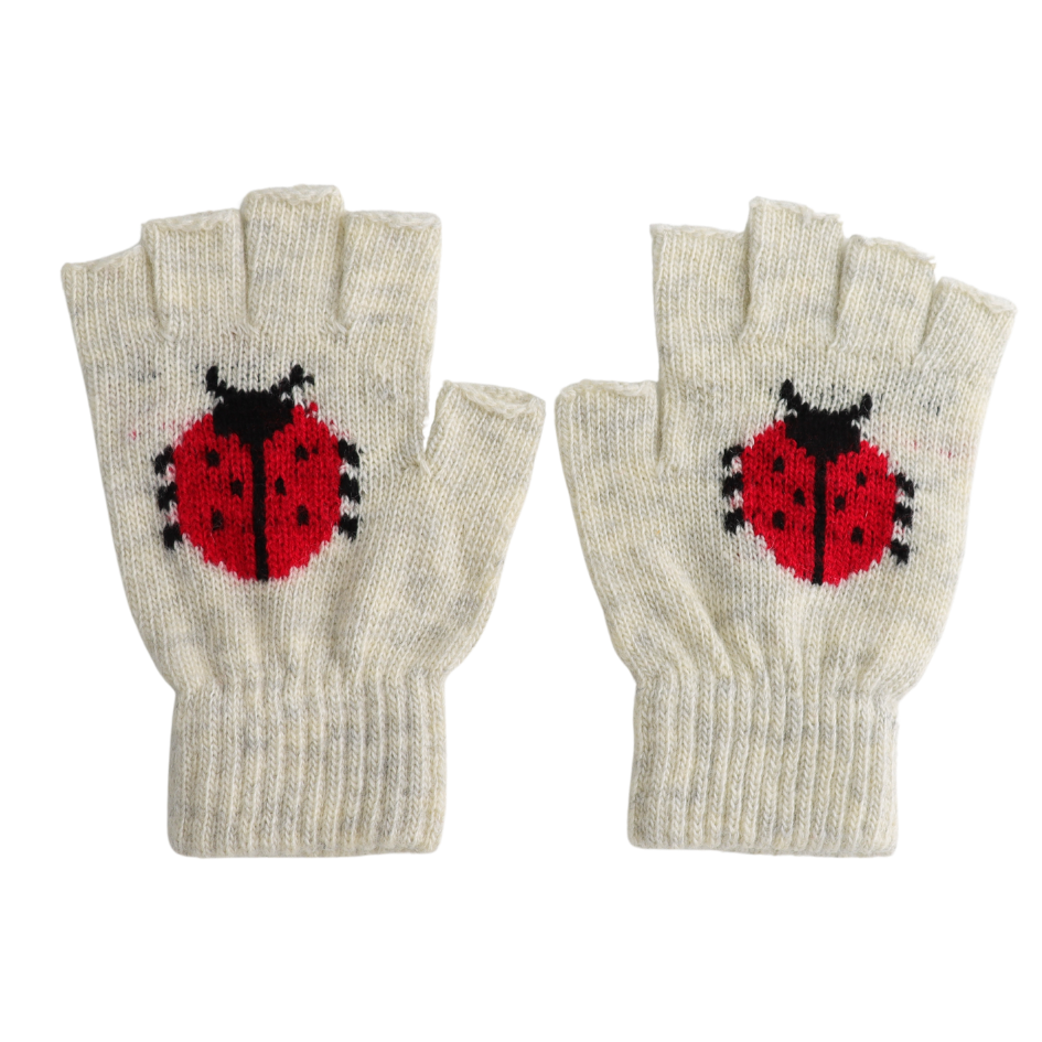Fingerless Knitted Ladybird Gloves Cream