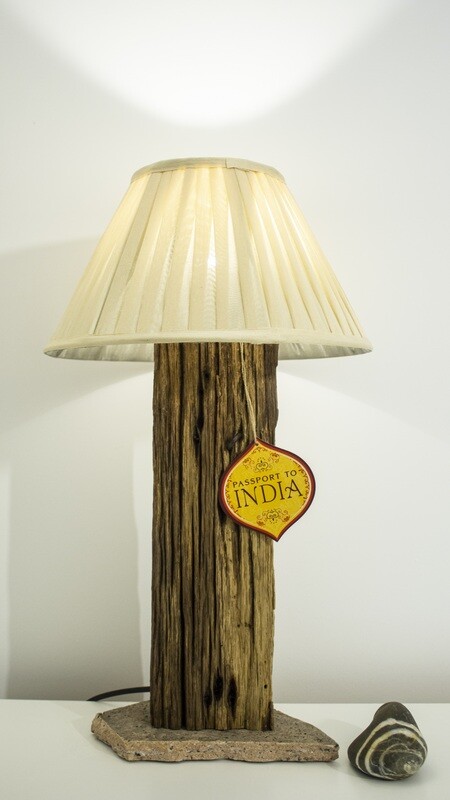 Reclaimed wood, Indian handmade, fence post, oak, bedside, bedroom, table lamp, Indian silk lamp