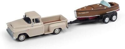 Classic Metal Works 1957 Chevy Step-Side Pickup Truck with Fishing Boat and Trailer - Arctic Beige