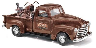 Busch HO 1950 Chevrolet Pickup Truck w/Motorcycle Load - Corner Garage (brown)
