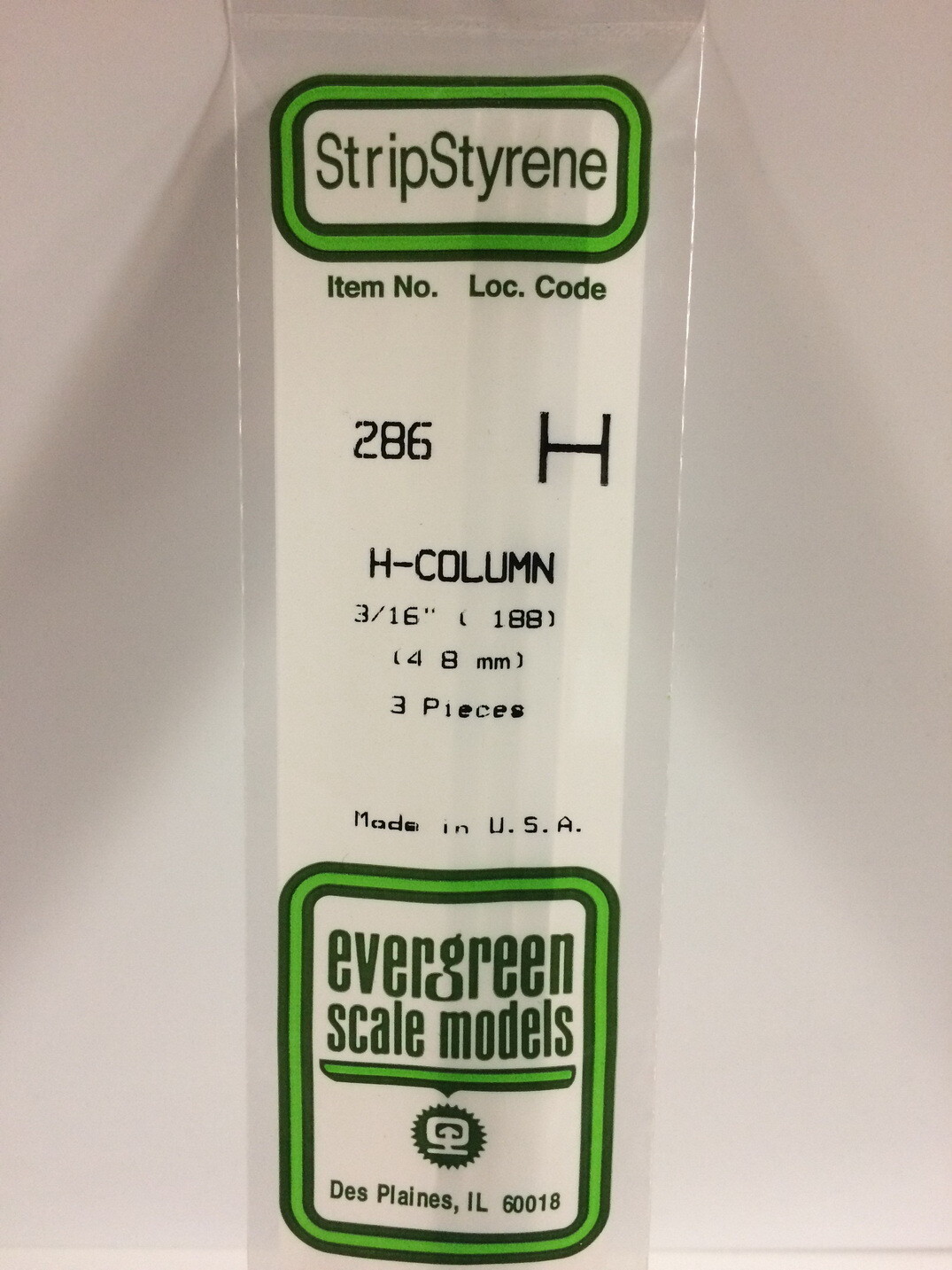 Evergreen Styrene H-Column 3/16&quot; .188&quot;