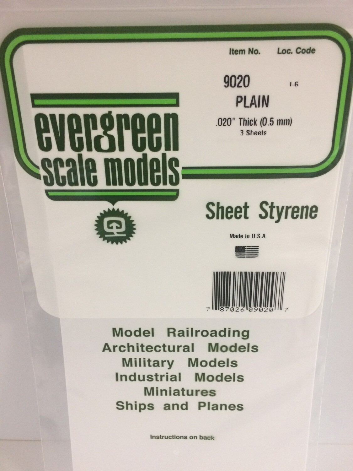 Evergreen Evergreen Styrene Sheet .020&quot; Tick 6&quot;x12&quot; 3pcs.