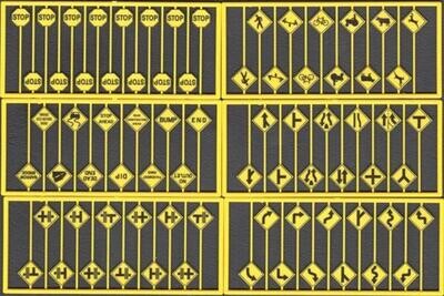 Tichy Train Group HO Early Road Sign Assortment - 15 Yellow Stop Signs 60 Warning Signs - 1 Each of Sets #293-8247 8252-8256