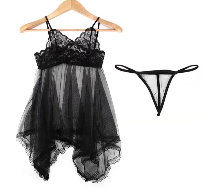 2pc Erotic Black Sheer Lace Babydoll Set - Small.