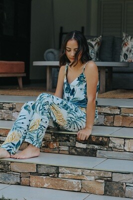 BLUE/GREEN LEAF STRAPPY LONG SET - RAYON (S ONLY)