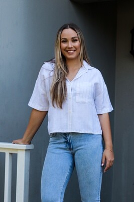 WHITE BEIGE STRIPE SHORT SLEEVE TOP - LINEN BLEND WHITE BEIGE STRIPE SHORT SLEEVE TOP - LINEN BLEND