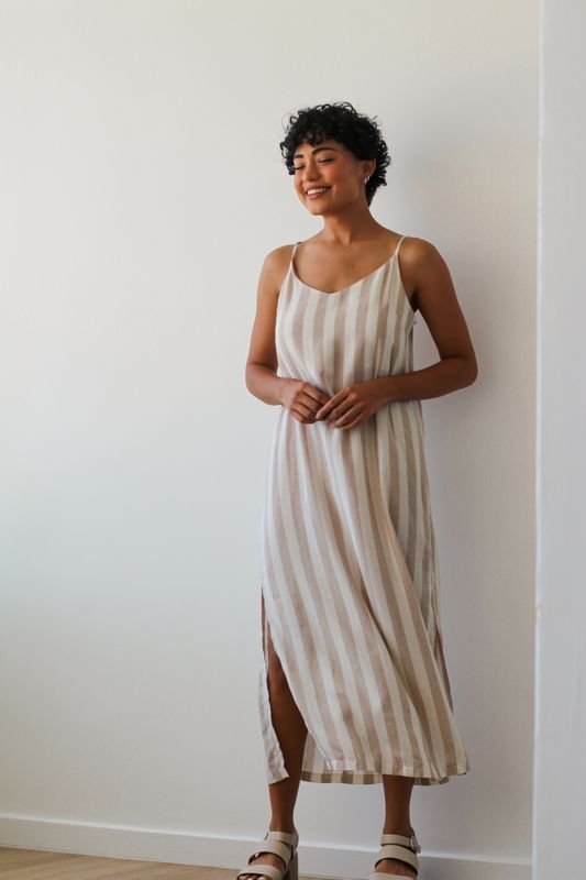 STRIPE LINEN DRESS - LINEN BLEND STRIPE LINEN DRESS - LINEN BLEND