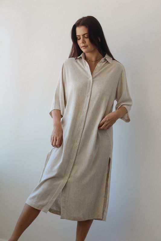 BUTTON DOWN DRESS - LINEN BLEND (M)