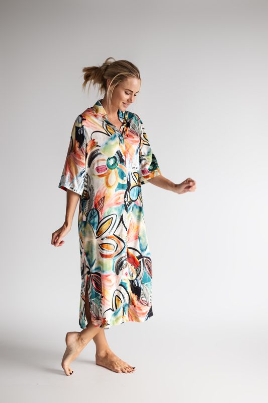 MULTICOLOURED BUTTON DOWN DRESS - RAYON SATIN (S)