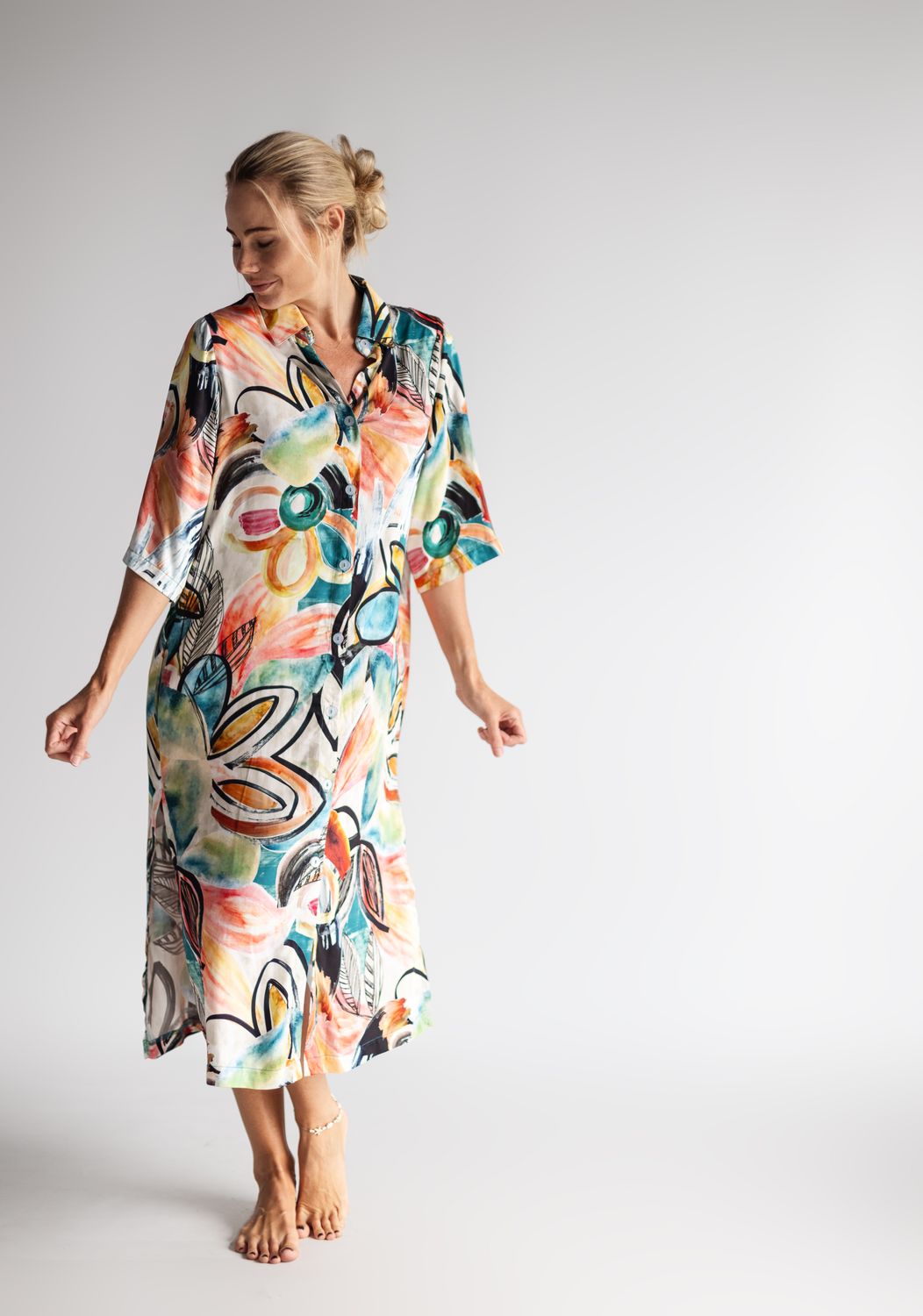 MULTICOLOURED BUTTON DOWN DRESS - RAYON SATIN, SIZE: SMALL