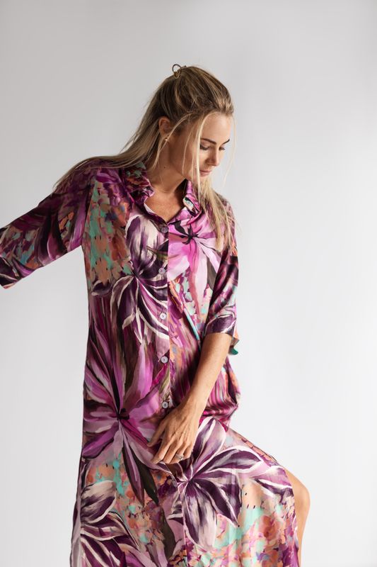 PURPLE BUTTON DOWN DRESS - RAYON SATIN