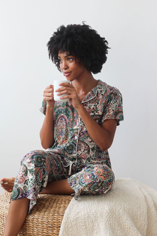 PINK/GREEN PAISLEY 3/4 SET - RAYON PINK/GREEN PAISLEY 3/4 SET - RAYON