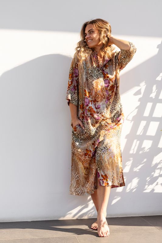 LEOPARD PRINT BUTTON DOWN DRESS - RAYON SATIN