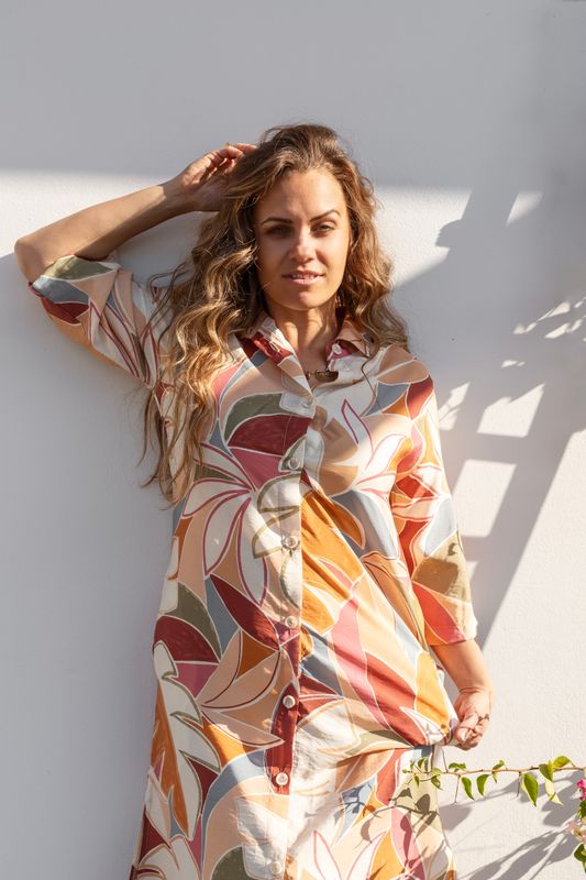 PASTEL LEAF BUTTON DOWN DRESS - RAYON SATIN