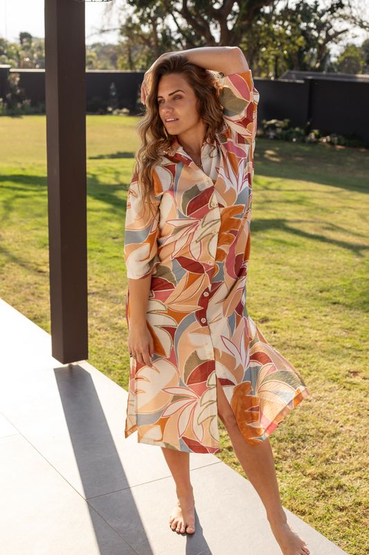 LEAF BUTTON DOWN DRESS - RAYON SATIN