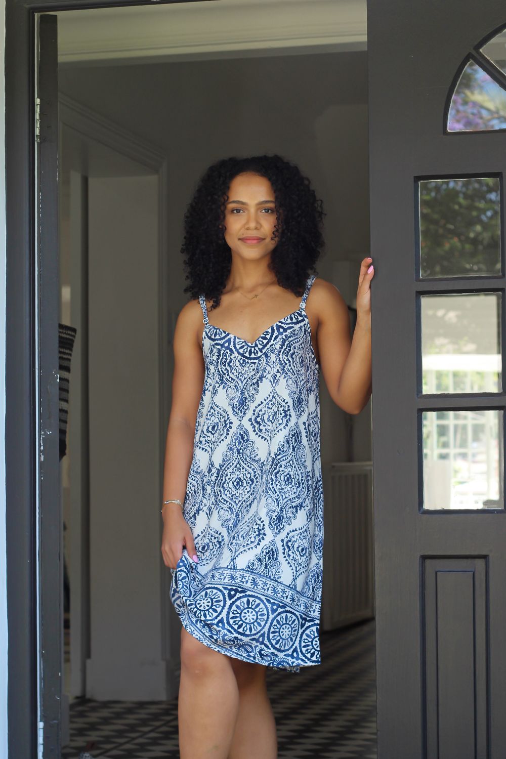 NAVY BORDER STRAPPY NIGHTIE - RAYON