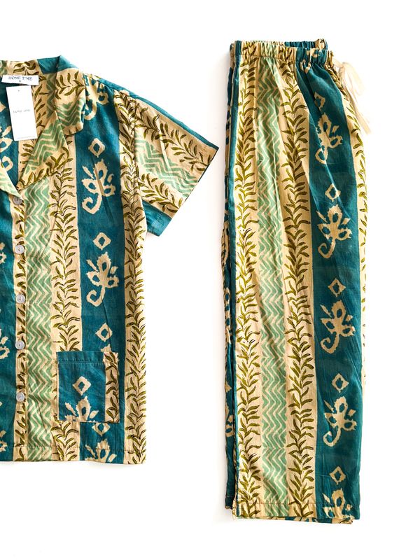 BEIGE AND TEAL - INDIAN COTTON