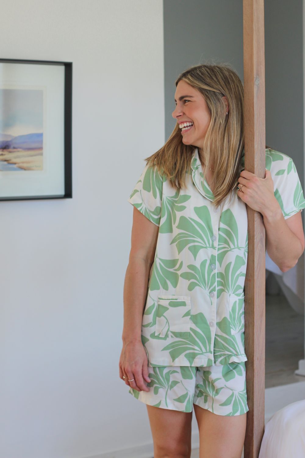 GREEN/CREAM LEAF SHORT SET - RAYON