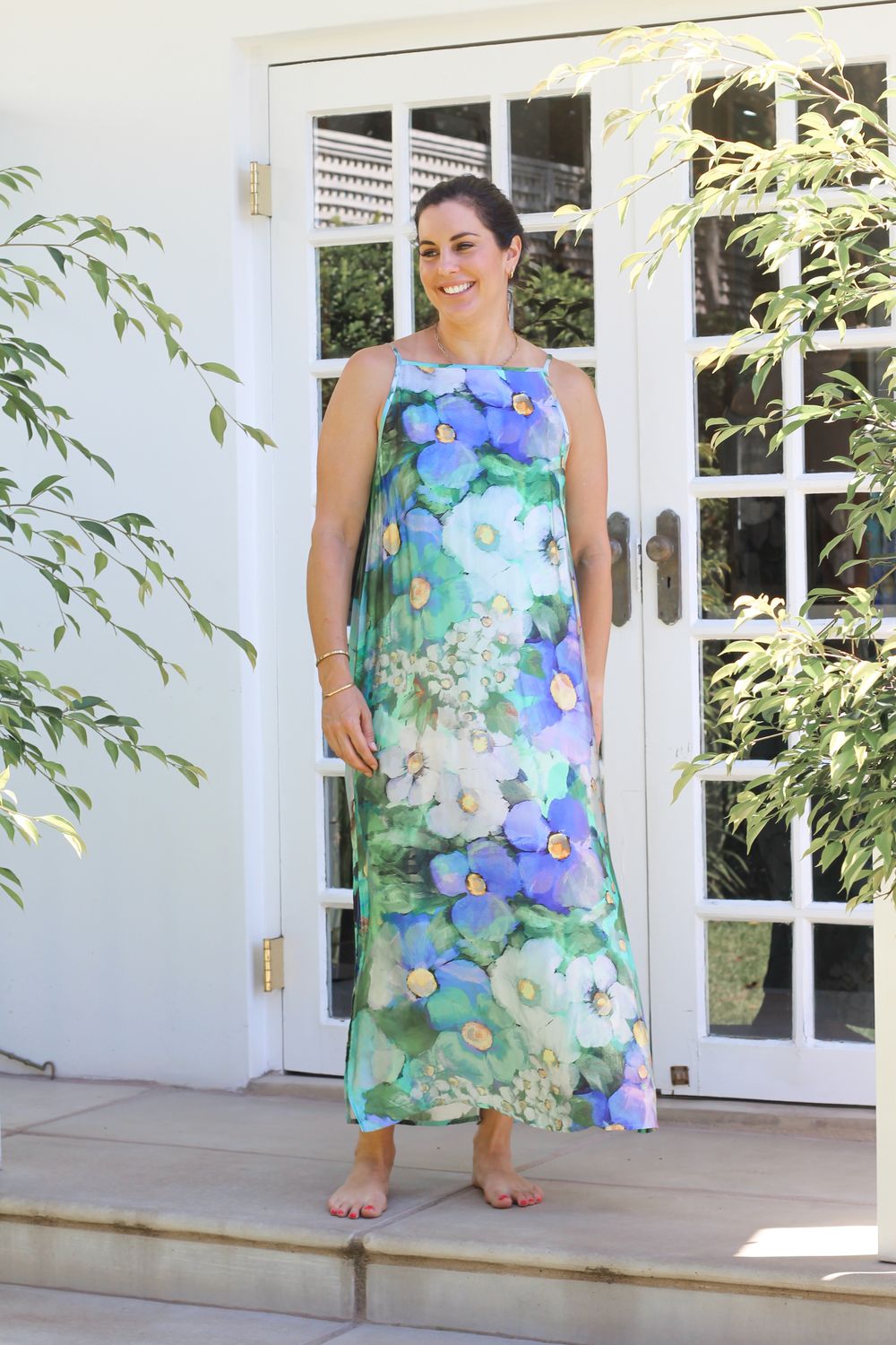 GREEN FLORAL HIGHNECK DRESS - RAYON SATIN, SIZE: SMALL