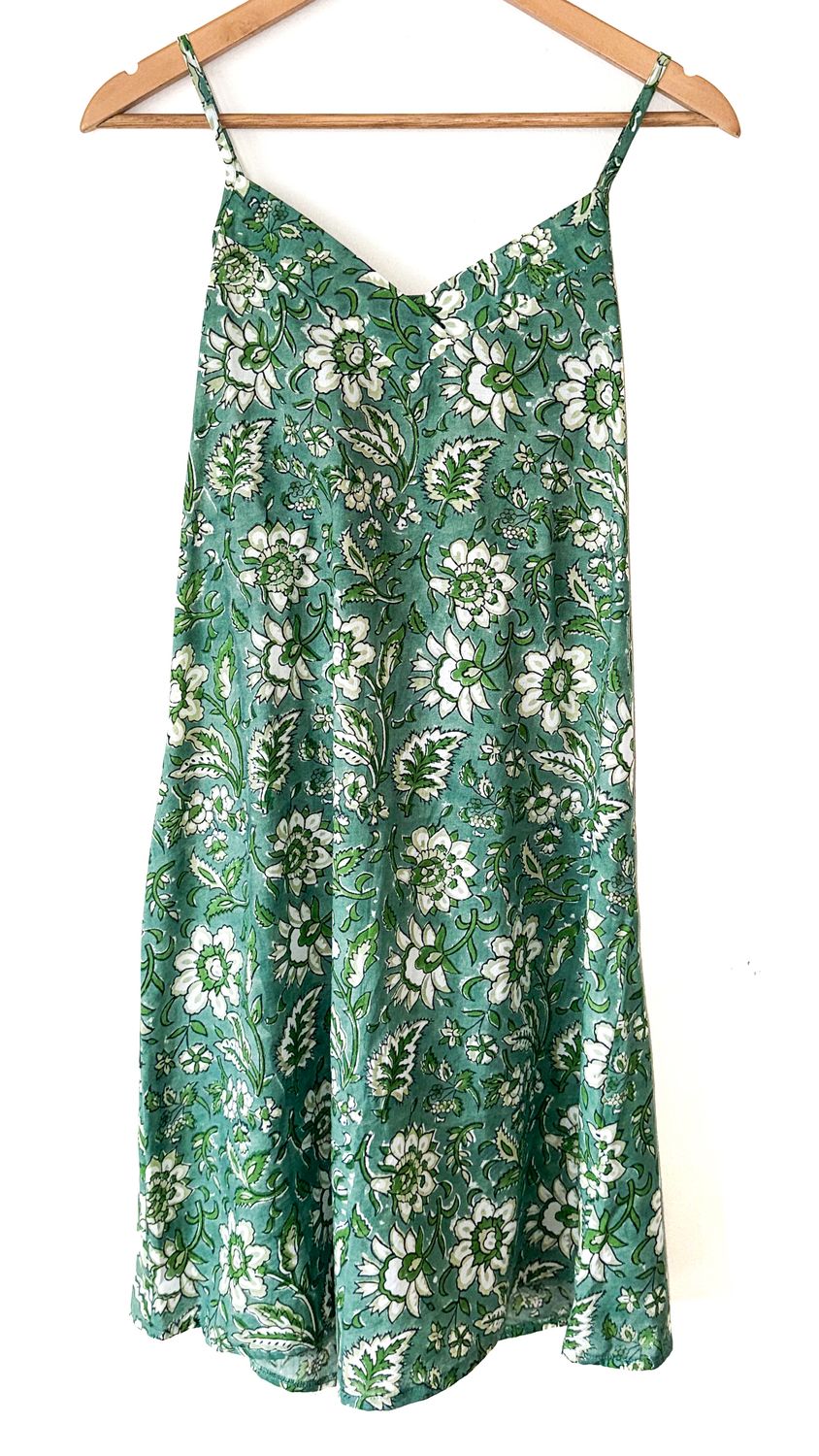GREEN FLORAL STRAPPY NIGHTIE - INDIAN COTTON