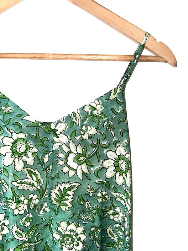GREEN FLORAL STRAPPY NIGHTIE - INDIAN COTTON