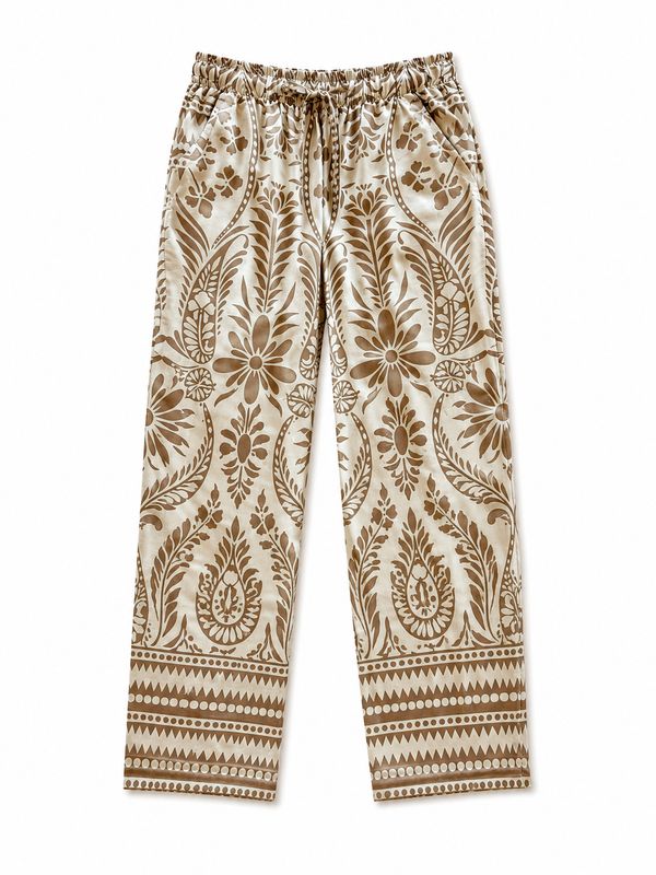 CREAM &amp; TAUPE BORDER CHILL PANTS - RAYON