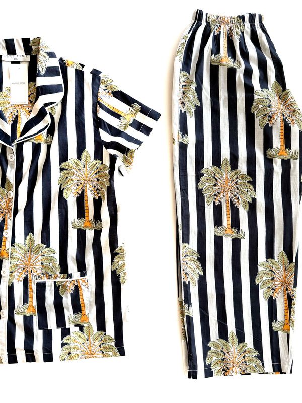 Black Stripe Palm 3/4 Set - Indian Cotton