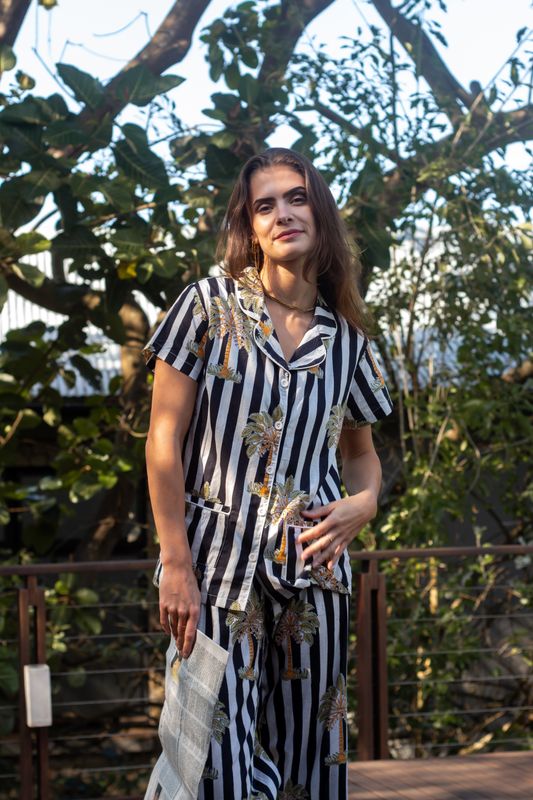 Black Stripe Palm 3/4 Set - Indian Cotton