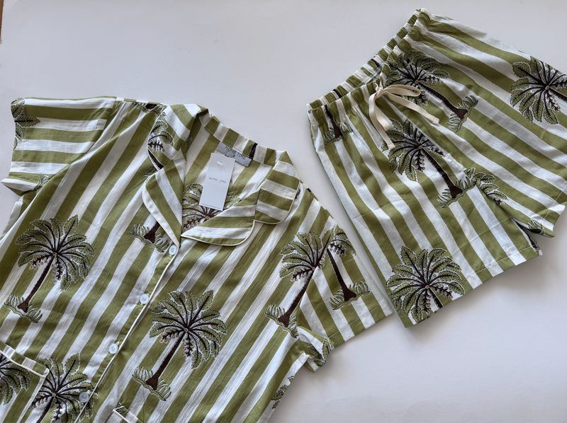 GREEN STRIPE PALM SHORT SET - INDIAN COTTON