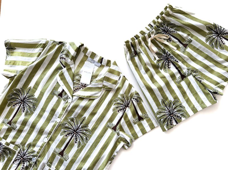 GREEN STRIPE PALM SHORT SET - INDIAN COTTON