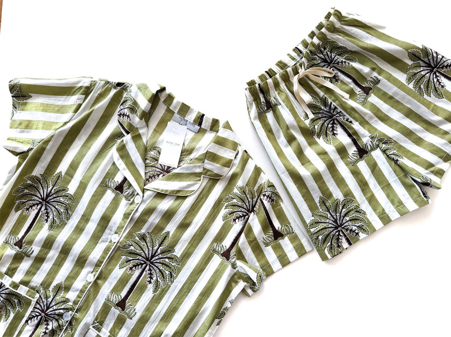 GREEN STRIPE PALM SHORT SET - INDIAN COTTON