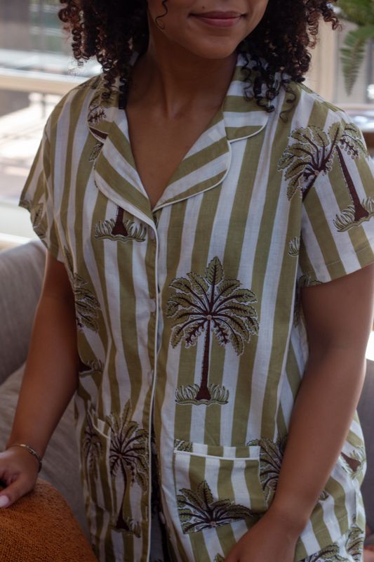 GREEN STRIPE PALM SHORT SET - INDIAN COTTON