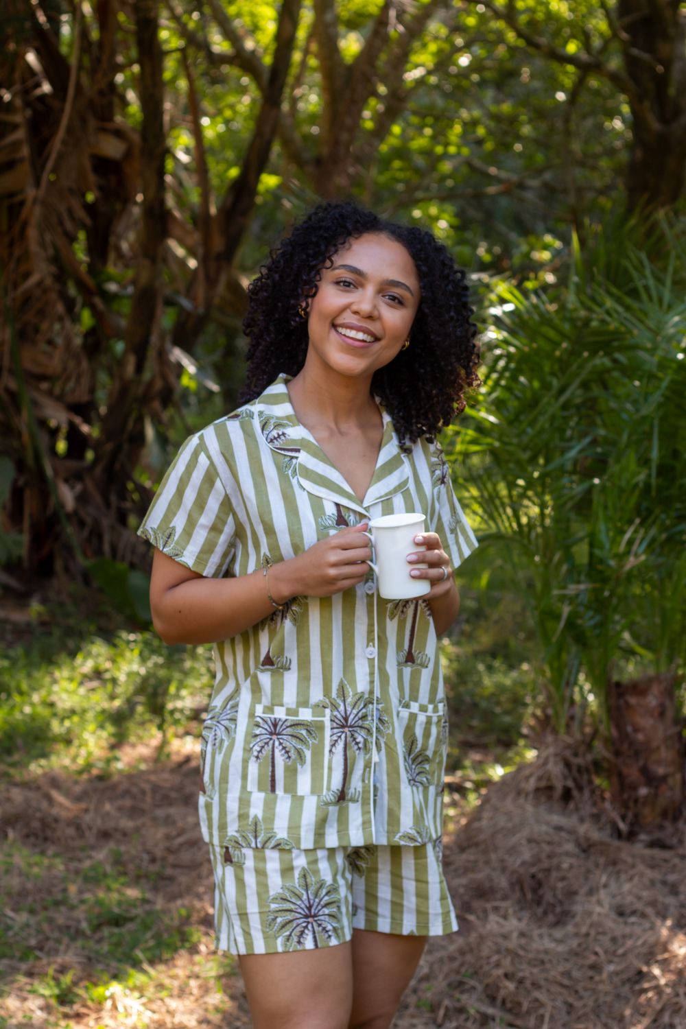 GREEN STRIPE PALM SHORT SET - INDIAN COTTON