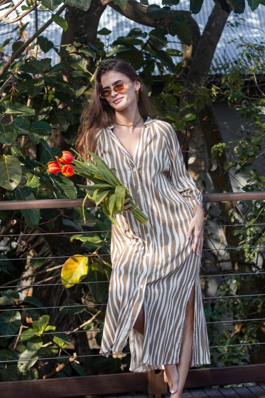 NATURAL STRIPE 3/4 SLEEVE DRESS - LINEN BLEND