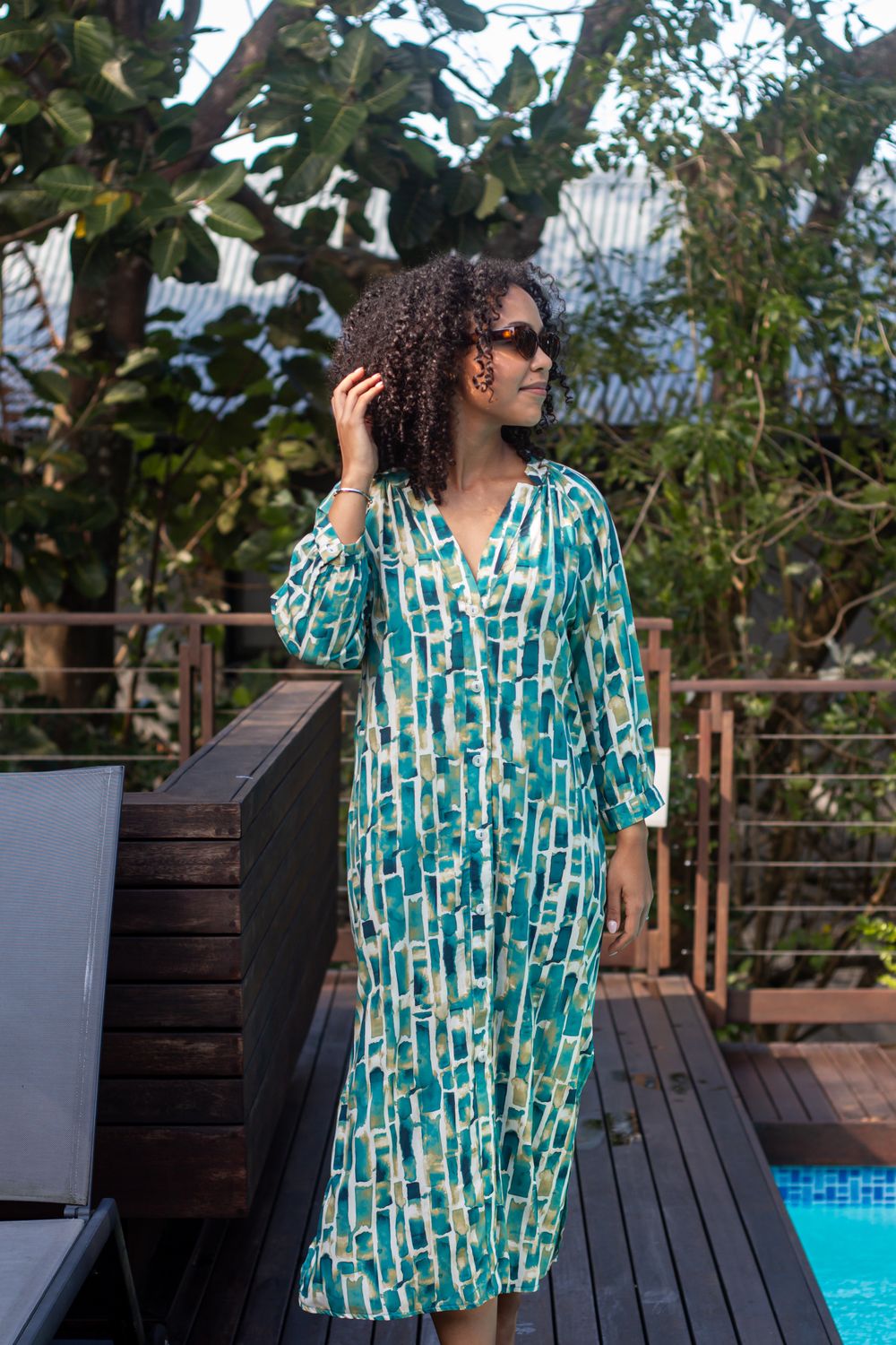 TEAL 3/4 SLEEVE DRESS - RAYON, SIZE: SMALL