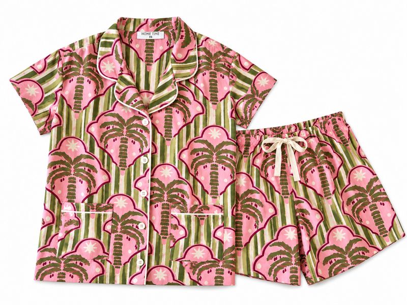 PINK/GREEN PALM SHORT SET - INDIAN COTTON