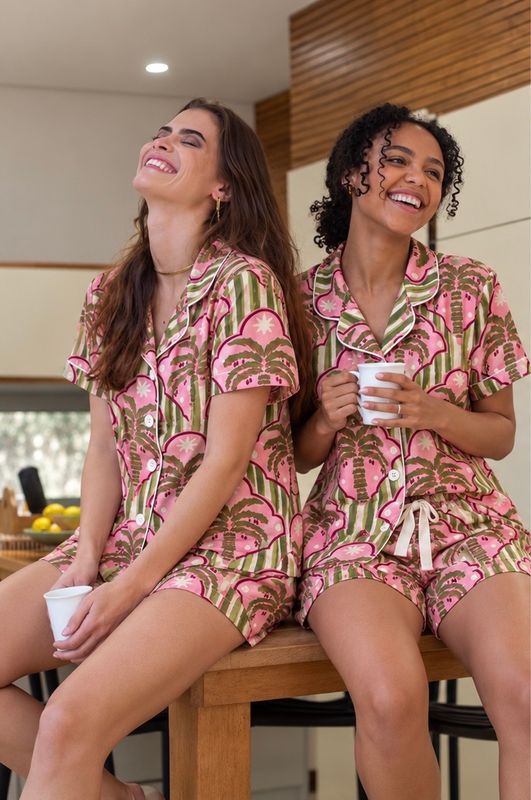 PINK/GREEN PALM SHORT SET - INDIAN COTTON
