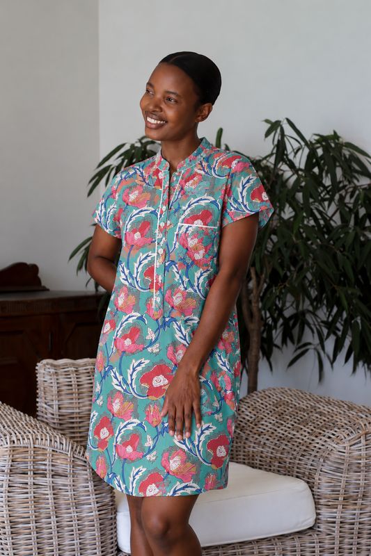 TURQ/PINK CHINESE COLLAR - INDIAN COTTON