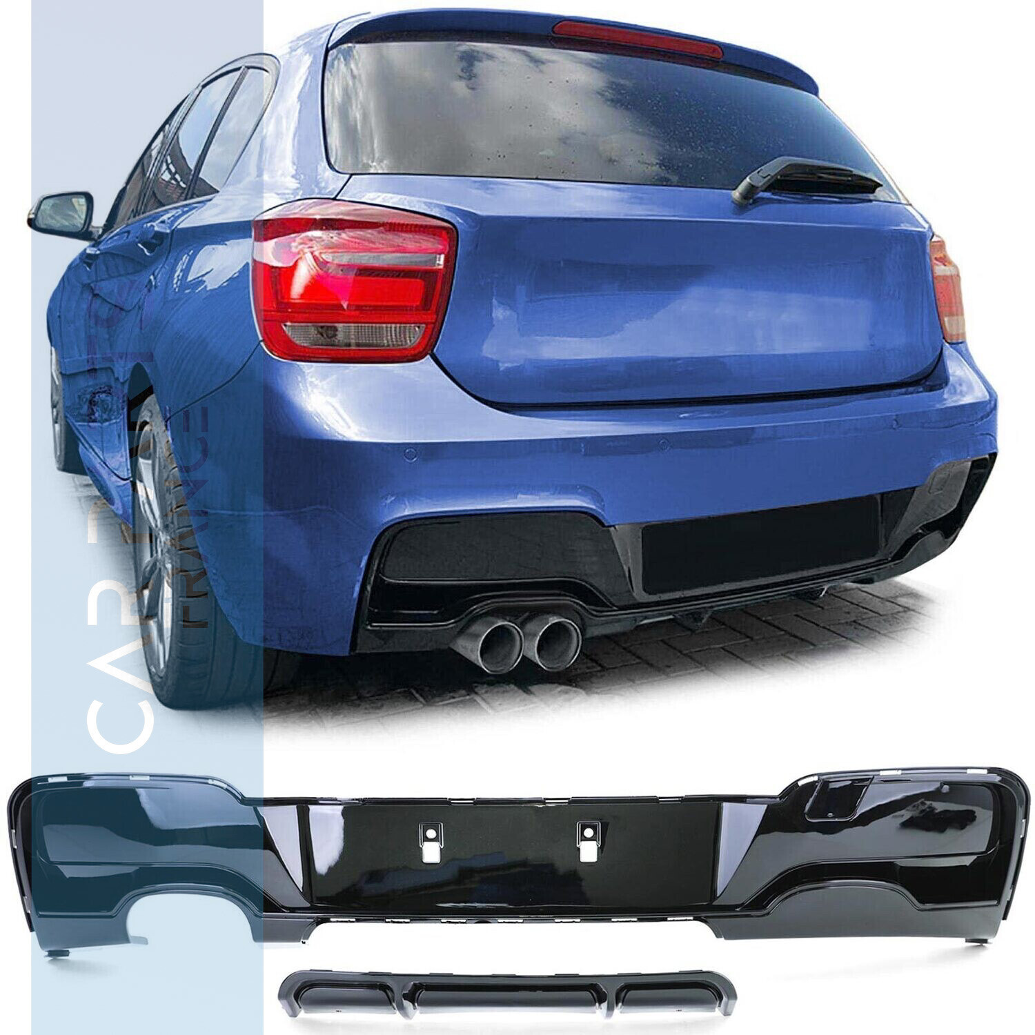 Diffuseur double sortie  gauche pour pare-chocs arrière pour BMW Série 1 F20 F21 Pack M look Performance - noir brillant
