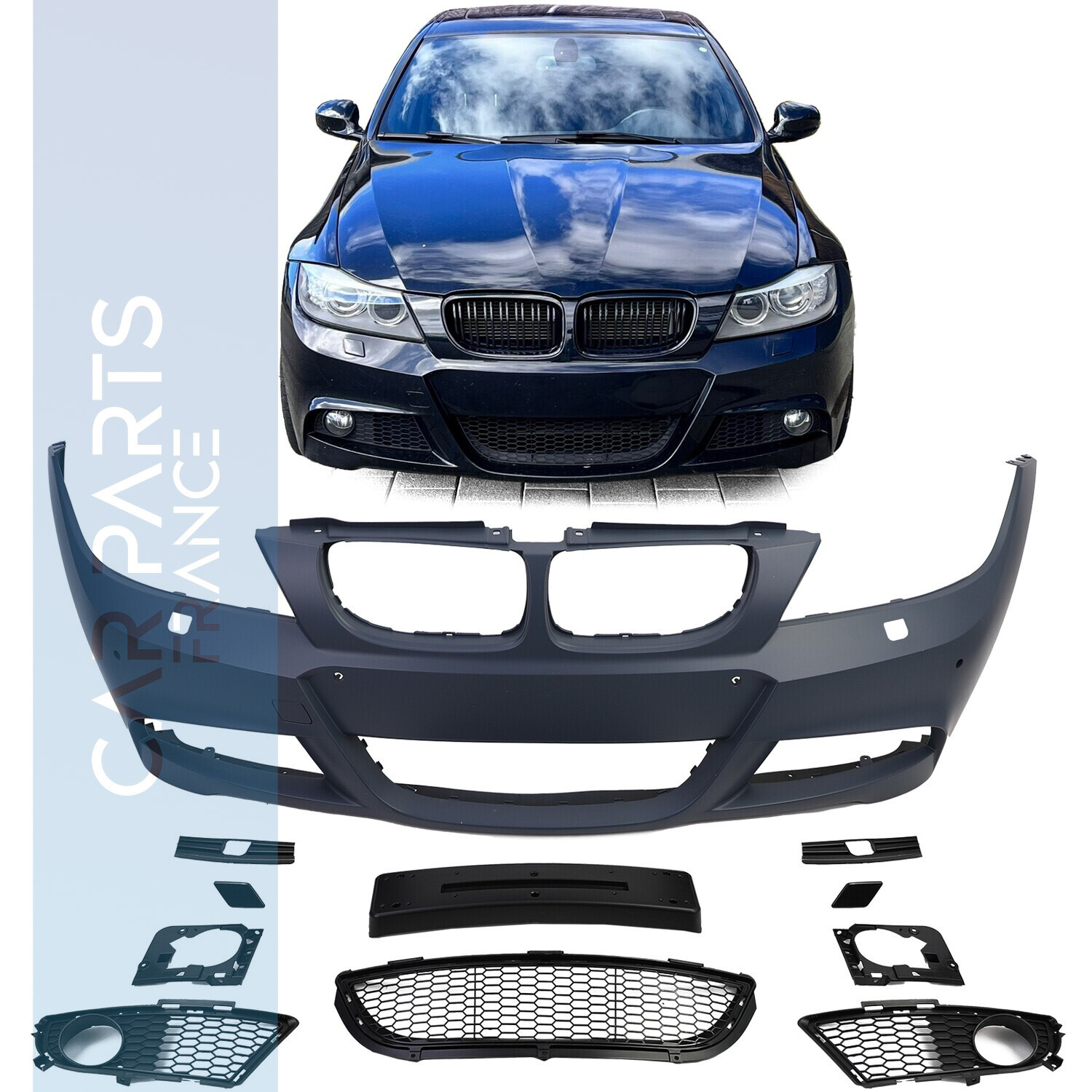 Pare-chocs look Pack M avant pour BMW Série 3 E90 E91 avec lave phare + PDC