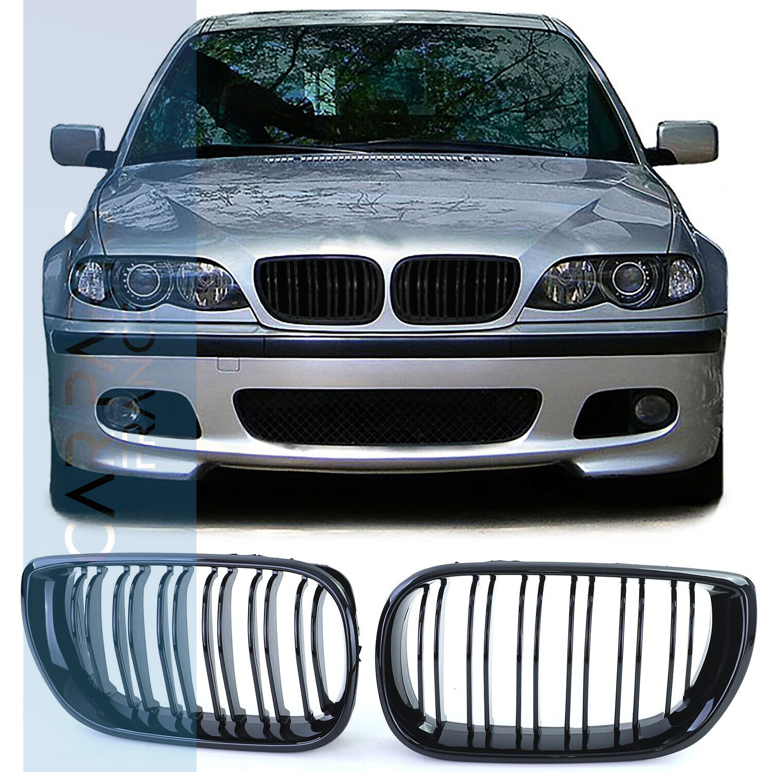 Calandre / Grille double lame pour BMW Série 3 E46 Berline Touring noir brillant 2001-2005