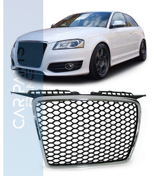 Calandre / Grille Audi A3 8P Phase 1 Look RS3 / Nid'Abeille Noir avec Contour Chrome 2005-2008