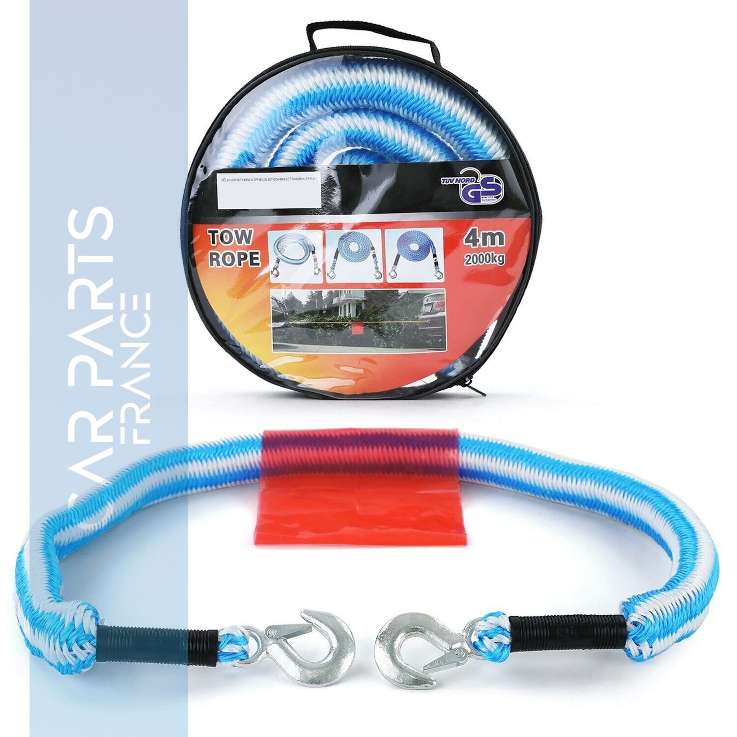 Cable de remorquage de sécurité pour voiture de tourisme élastique 4 mètres 2000 kg 2T bleu blanc