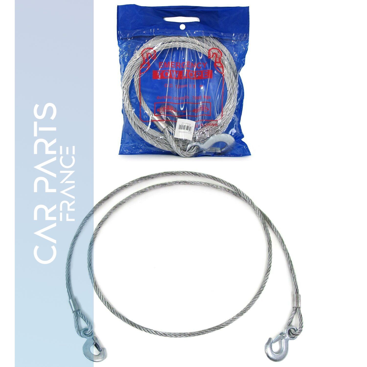 Cable de remorquage en acier avec 2 mousquetons 7000 kg 12mmx3m