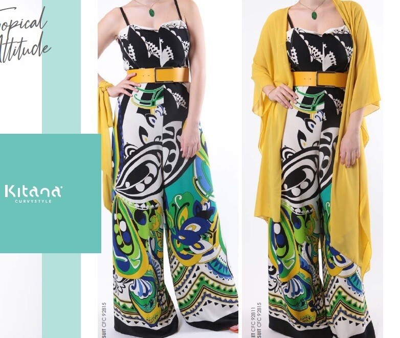 Tuta con pantalone palazzo e vita alta.