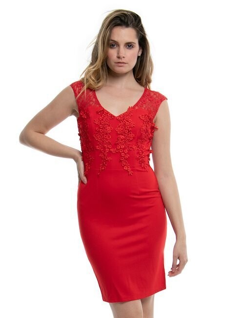 Vestito Fracomina con scollo a cuore e applicazioni di pizzo e fiori.