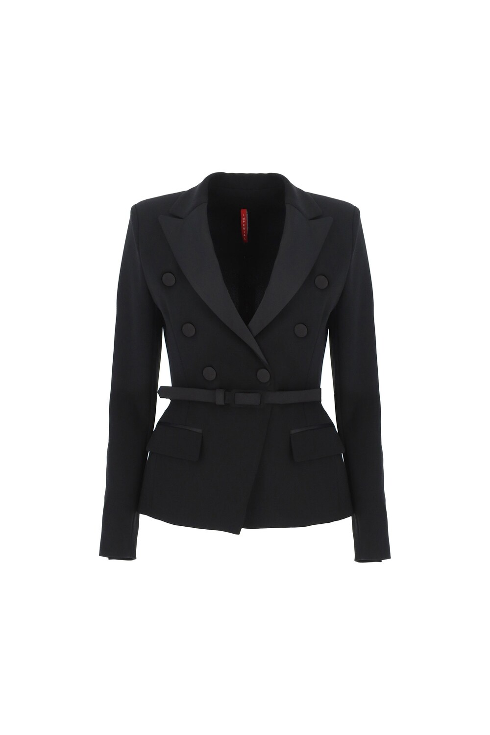 Giacca doppiopetto con cinturino e revers in raso, Size: XS, COLOR: Nero