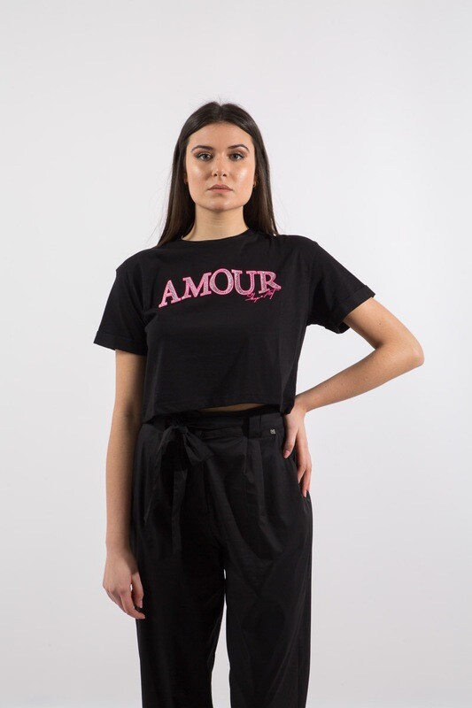 T-shirt stampa Amour con strass