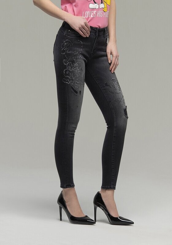 Jeans skinny con strass personaggi Disney